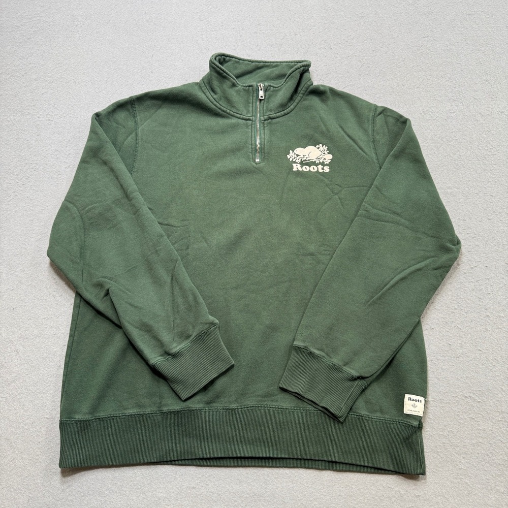 Roots Sweatshirt Men's XL Green Beaver Logo Fleece Lined Quarter Zip Pullover